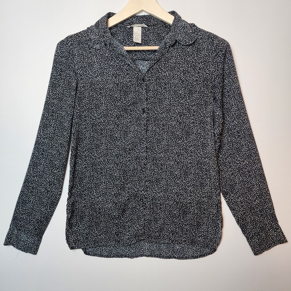 HM Black White Micro Dot Print Long Sleeve Button Down Blouse Size 2